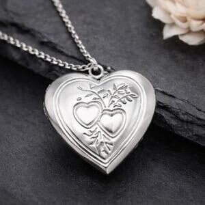 Silver Heart Locket Necklace 22in Chain | Floral Love Keepsake Gift